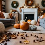 A cozy living room with handcrafted wreaths, pumpkin centerpieces, and warm-toned throw blankets. Crunchy leaves and acorns scattered on the floor
