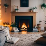 A cozy living room with warm lighting, soft blankets, and plush pillows. A crackling fireplace adds ambiance, while plants and books bring a homely touch