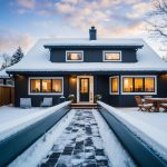A cozy home with snow-covered roof, cleared walkways, and insulated windows. Gutters are free of debris, and outdoor furniture is stored away