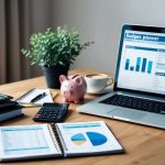 A desk with a neatly organized budget planner, calculator, and financial books. A piggy bank sits next to a laptop displaying a spreadsheet. A cup of coffee and a potted plant add warmth to the scene