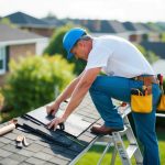 A homeowner on a ladder patching a leaky roof with tools and materials nearby
