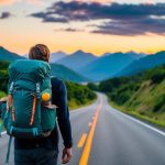 A traveler with a backpack hitchhiking on a scenic road with lush mountains and a colorful sunset in the background