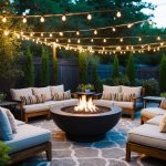A backyard fire pit surrounded by cozy seating, twinkling string lights, and lush greenery, creating a warm and inviting atmosphere for gatherings