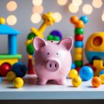 A piggy bank sits on a shelf surrounded by colorful, playful toys and games, symbolizing the balance between saving and enjoying life