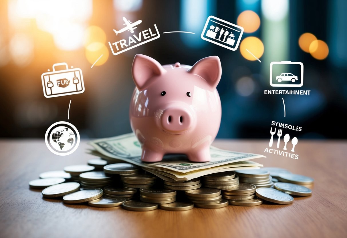 A piggy bank sits atop a pile of coins and bills, surrounded by symbols of fun activities like travel, dining, and entertainment