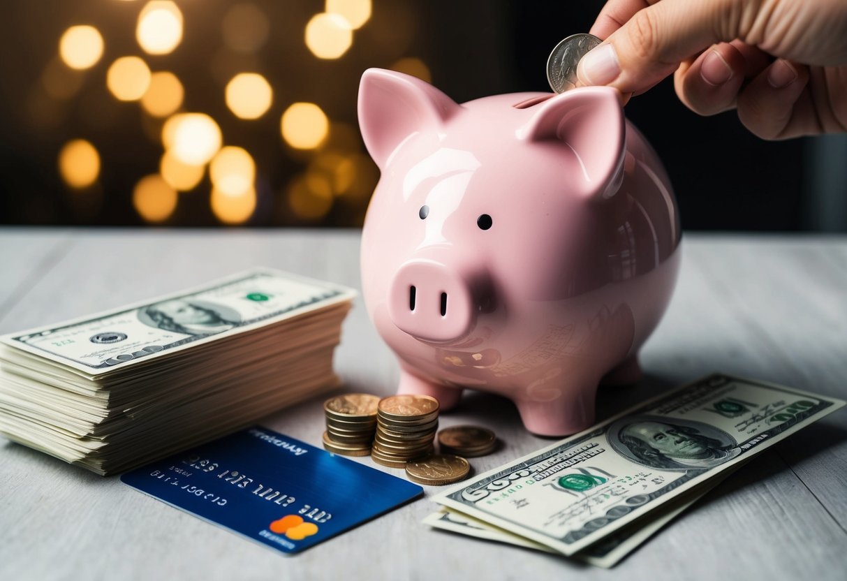A piggy bank surrounded by stacks of bills and a credit card, with a small pile of coins being added to the bank