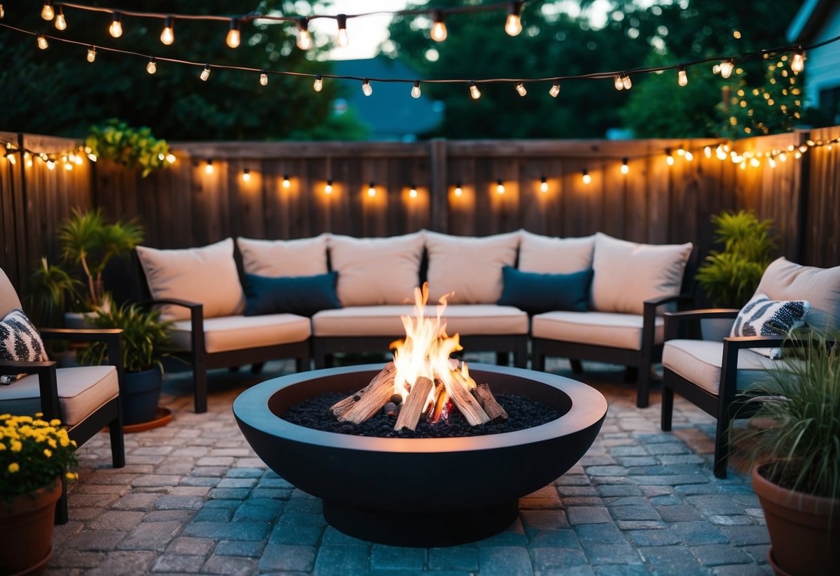A backyard fire pit surrounded by cozy seating, string lights, and potted plants, creating a warm and inviting atmosphere for outdoor gatherings