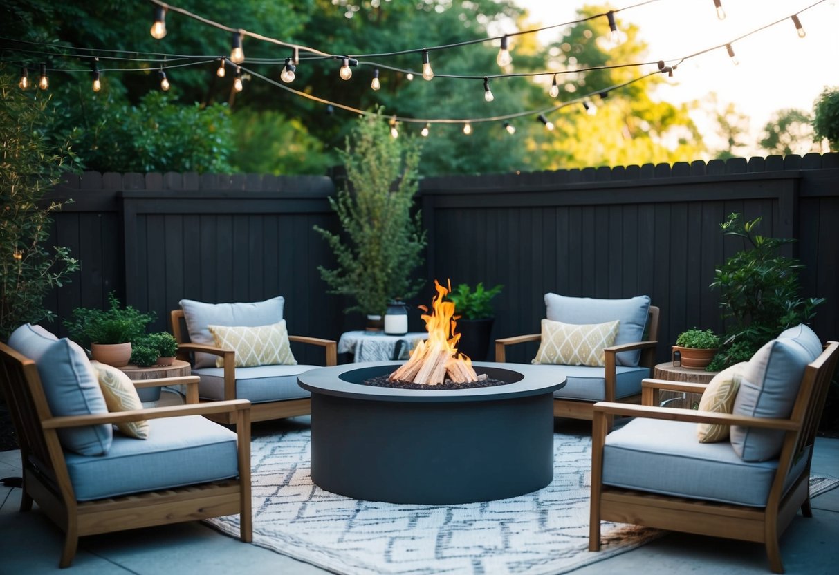 A backyard with a DIY fire pit surrounded by comfortable seating, string lights, and greenery, creating a cozy and functional outdoor space