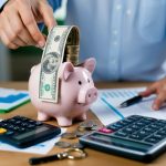 A stack of coins and bills being deposited into a piggy bank, surrounded by a calculator, budget spreadsheet, and house key