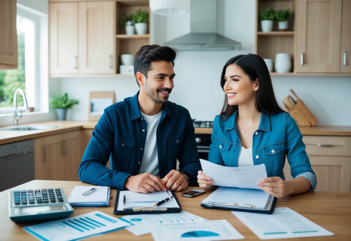 A young couple sits at a kitchen table, surrounded by financial documents and a budget planner. They are discussing their homeownership goals and saving strategies