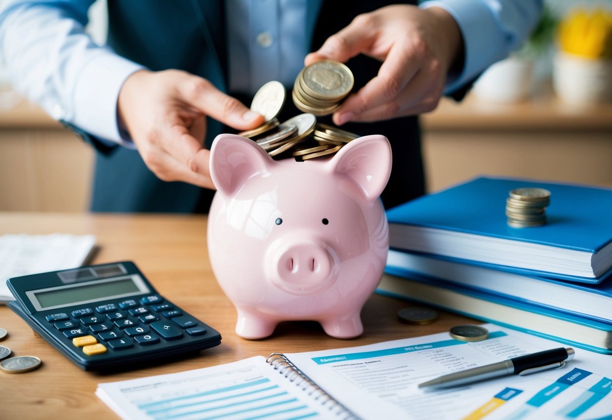 A piggy bank being filled with coins and bills, surrounded by a calculator, budget planner, and financial guidebook