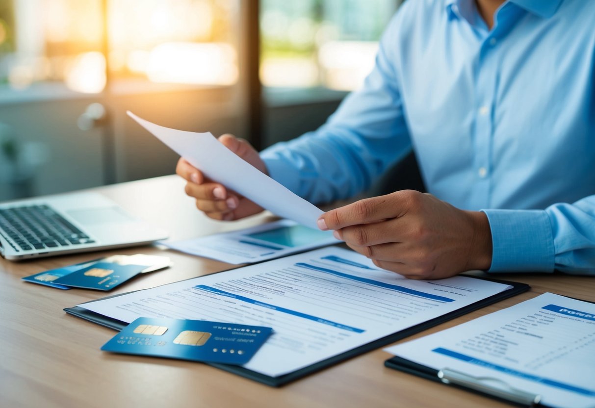 A person reviewing financial documents, with credit cards, bills, and a credit report spread out on a desk