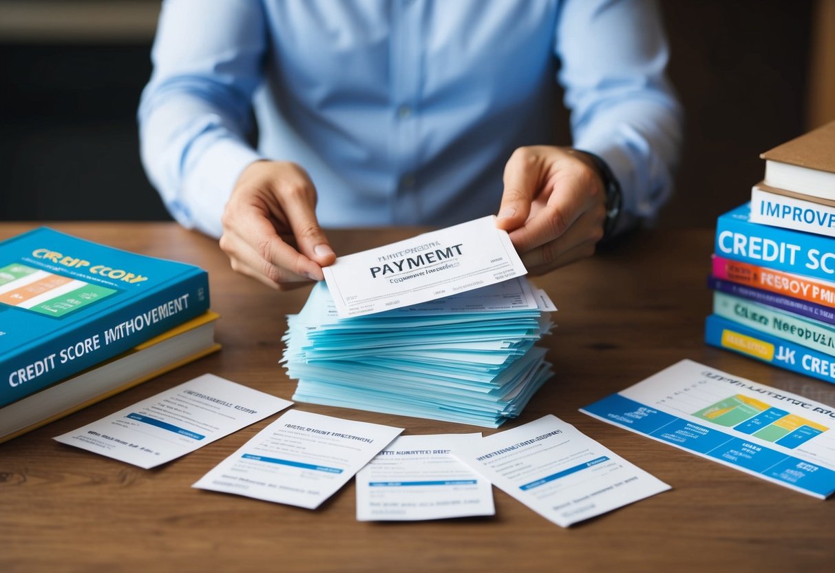 A person reviewing a stack of payment receipts, surrounded by credit score improvement books and charts