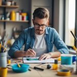 A person working on a hobby project at home, surrounded by art supplies and tools, with a focused and determined expression