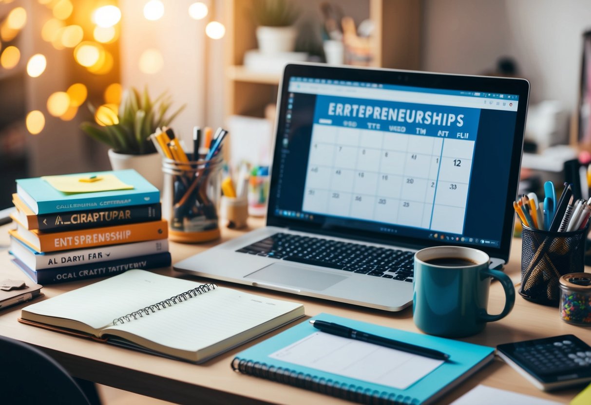 A cluttered desk with art supplies, a laptop, and a notebook. A mug of coffee sits next to a stack of books on entrepreneurship and creativity. A calendar marks a date for a local craft fair