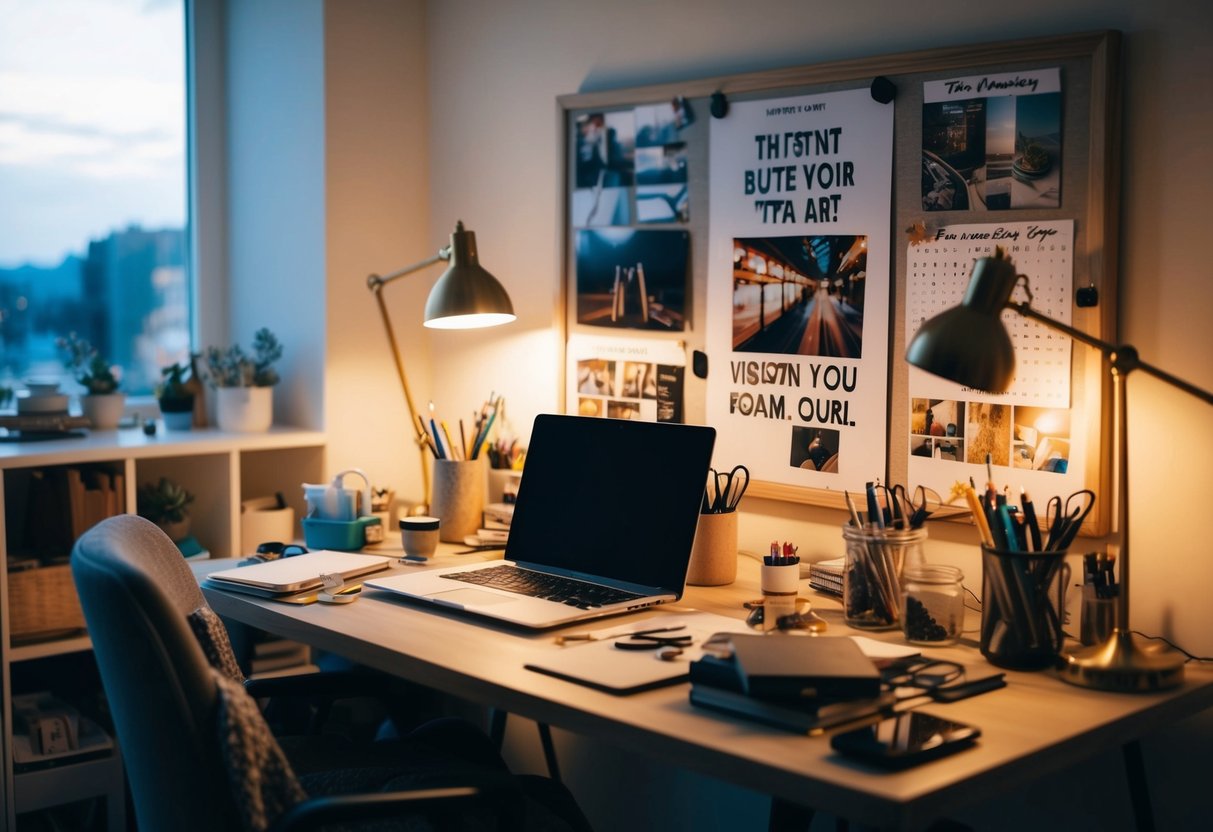 A cozy home office with a desk cluttered with art supplies, a laptop, and a vision board filled with inspiring images and quotes. A warm glow from a desk lamp illuminates the space