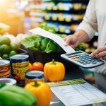 A person selecting fresh produce and canned goods, with a calculator and grocery list in hand, while comparing prices and using coupons at the checkout counter