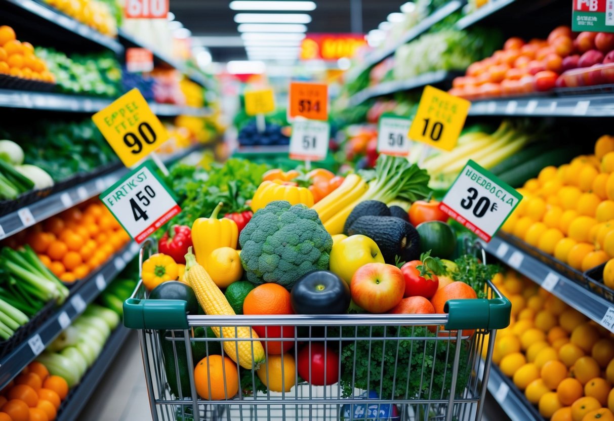 A colorful array of fresh fruits and vegetables fills a shopping cart, surrounded by cleverly labeled price tags and discount signs