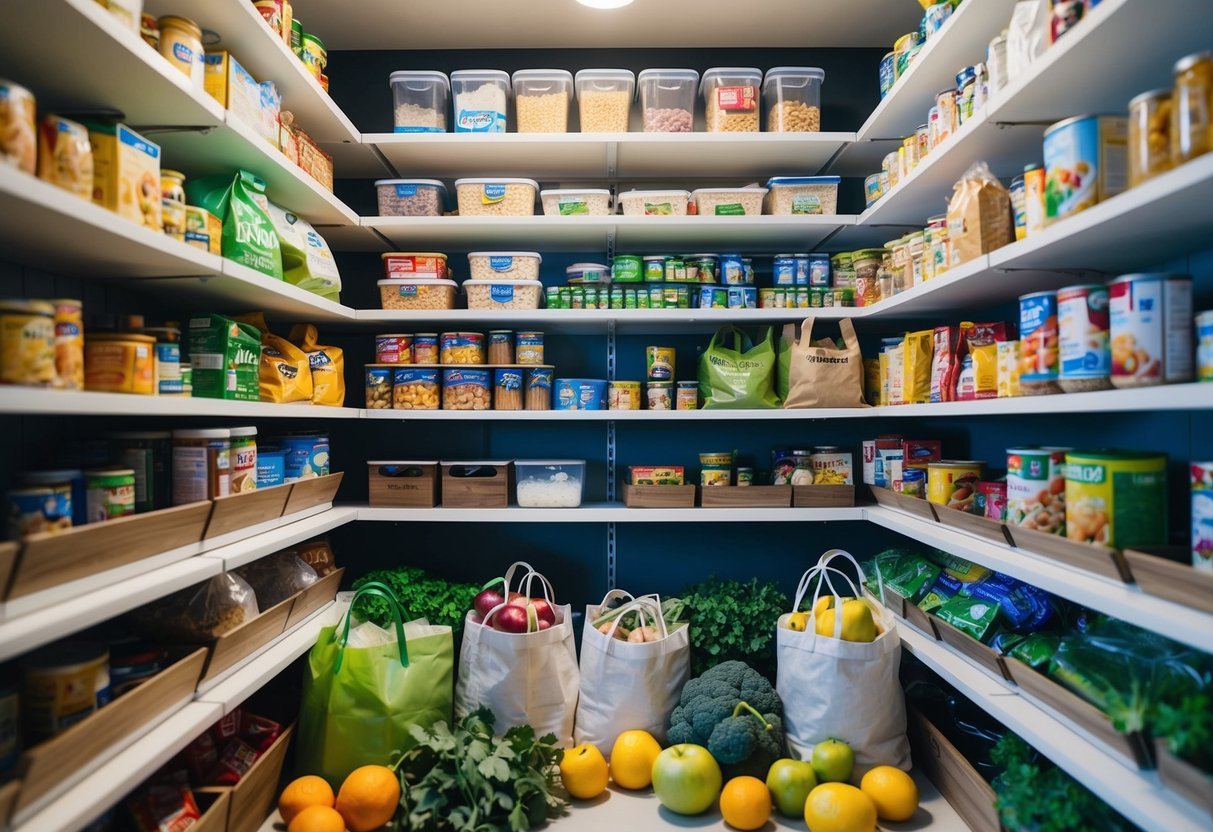 A fully-stocked pantry with neatly organized shelves of frozen and canned goods, surrounded by fresh produce and grocery bags