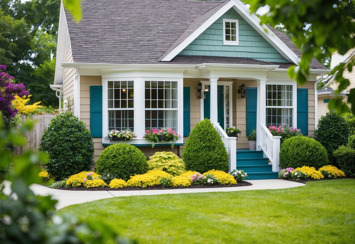 A cozy suburban home with freshly painted window frames and flower boxes, surrounded by neatly trimmed bushes and a colorful garden