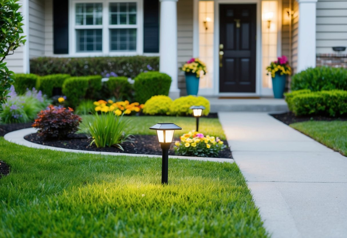 A small suburban front yard with neatly trimmed grass, colorful flowers, and well-maintained shrubs. A pathway leads to the front door, with strategically placed solar-powered lights illuminating the way
