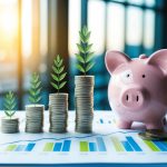A stack of coins growing taller on a chart, surrounded by financial symbols and a piggy bank, representing smart investing for wealth building