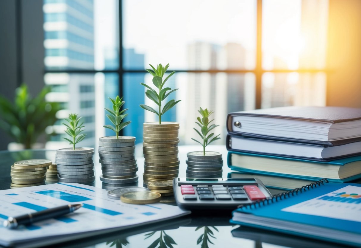 A diverse array of investment options, including stocks, bonds, and real estate, are laid out on a table with a budget planner and financial guidebook