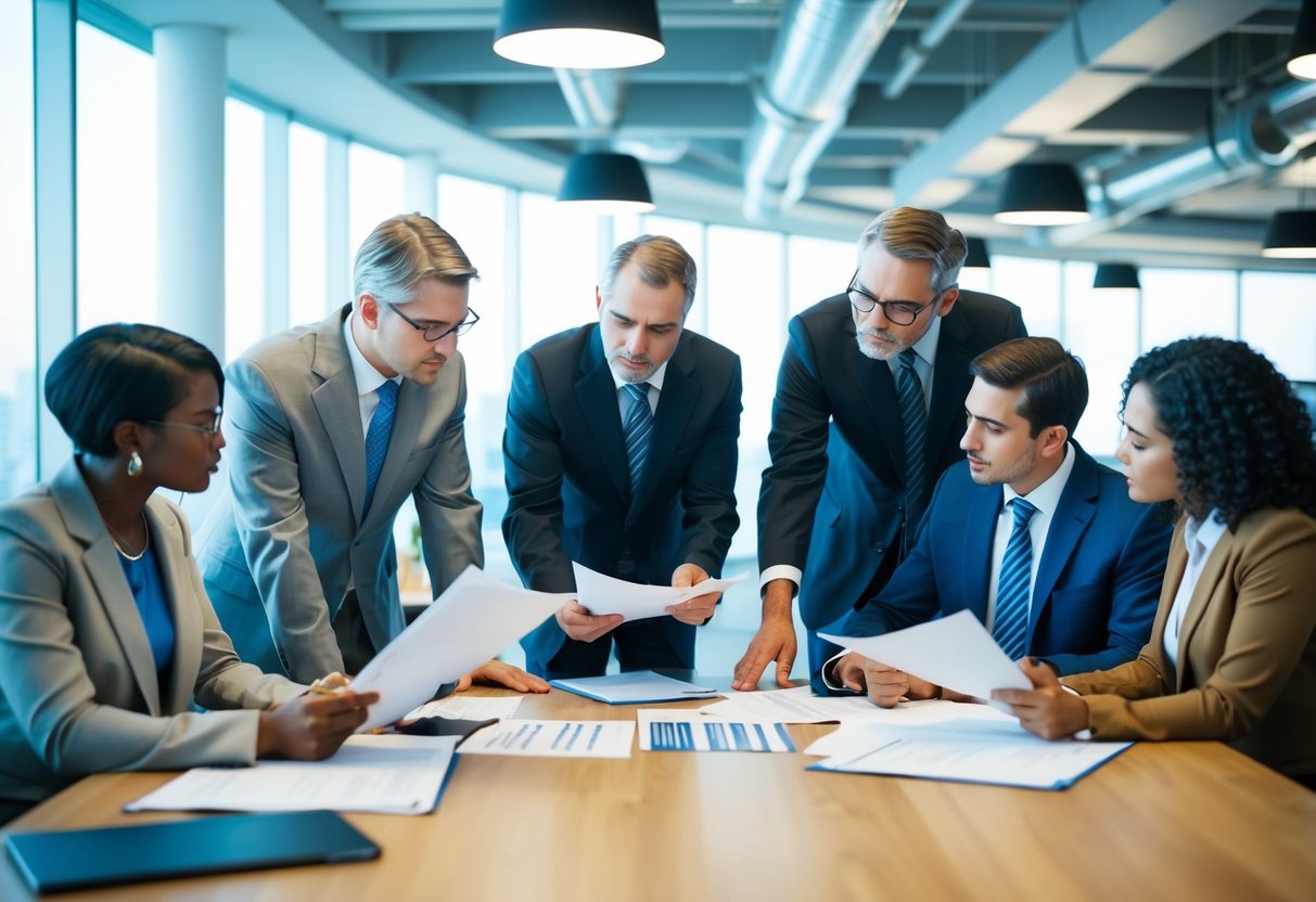 A diverse group of people reviewing financial documents and discussing investment strategies in a modern office setting