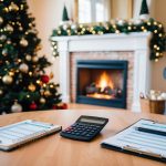A cozy living room with a crackling fireplace, a decorated Christmas tree, and a table with a budget planner and calculator