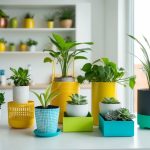 Various household items repurposed into planters, organizers, and decor. Upcycling projects displayed in a bright, clutter-free space