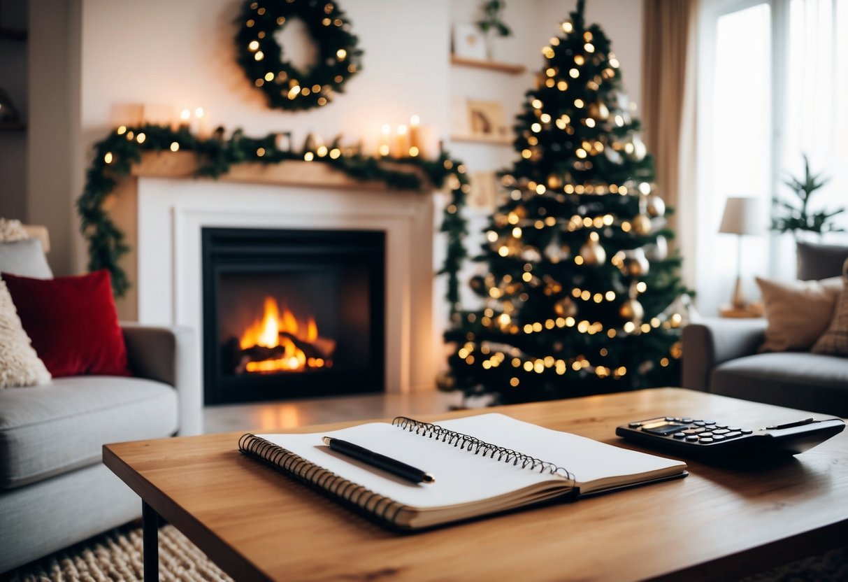 A cozy living room with a warm fireplace, a festive holiday tree, and a table with a budgeting notebook and calculator