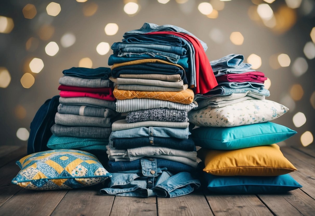 A pile of old clothes being transformed into new items like tote bags, quilts, and decorative pillows using creative upcycling techniques