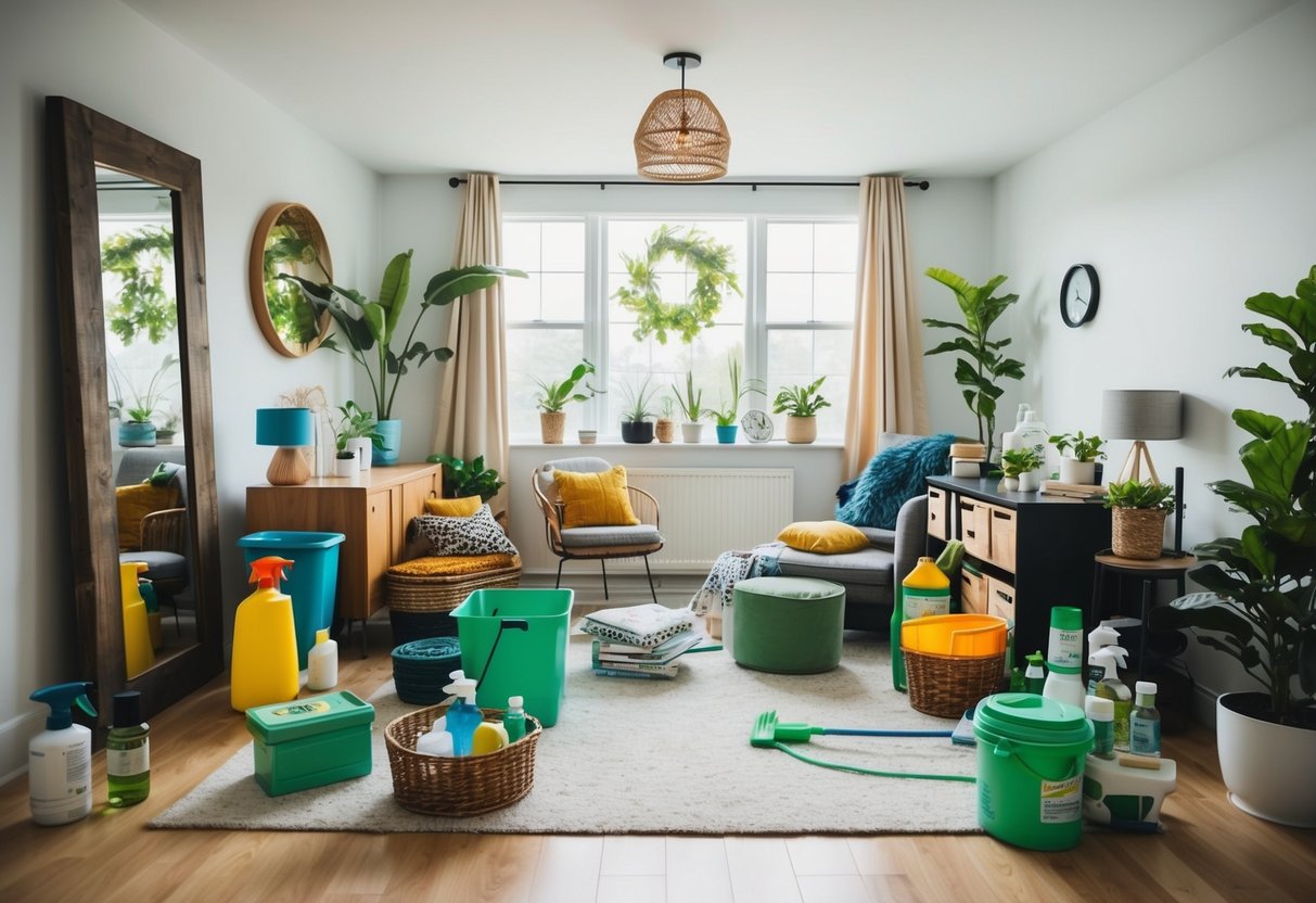 A cluttered room transformed into an organized, eco-friendly space using upcycled materials and natural cleaning products