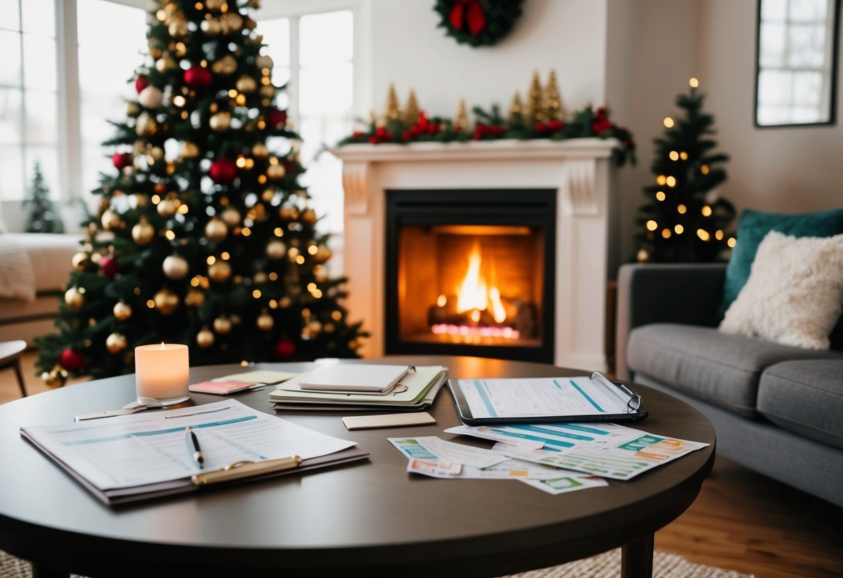 A cozy living room with a crackling fireplace, a festive holiday tree, and a table filled with budgeting spreadsheets and coupon clippings