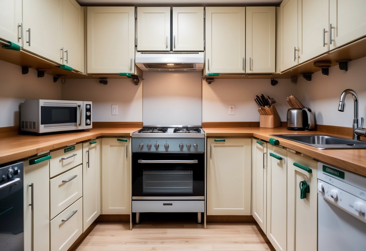 A childproofed kitchen with locked cabinets, stove guard, corner guards on countertops, and safety latches on drawers and appliances