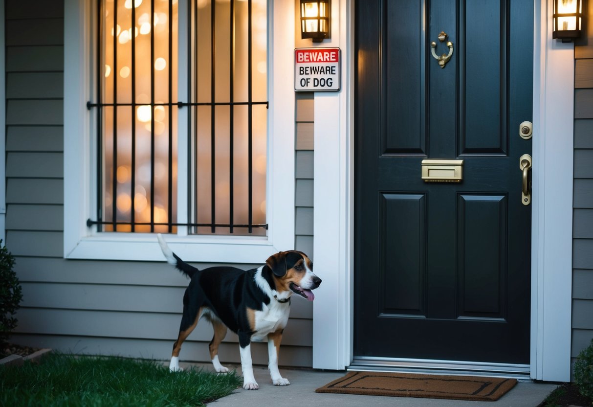A house with motion sensor lights, security cameras, and a sturdy lock on the front door. A dog patrols the yard. Window bars and a "Beware of Dog" sign are visible