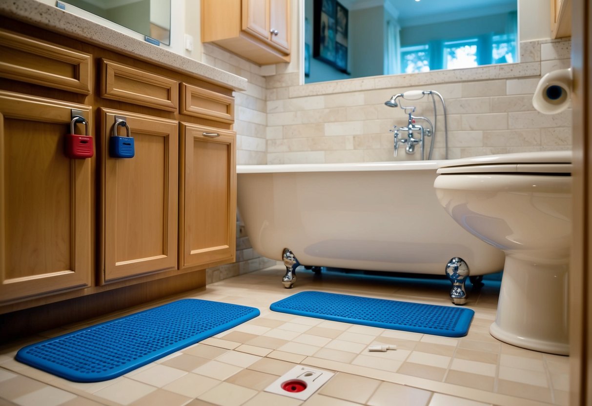 A childproofed bathroom with safety locks on cabinets, non-slip mats in the bathtub, and outlet covers on electrical sockets
