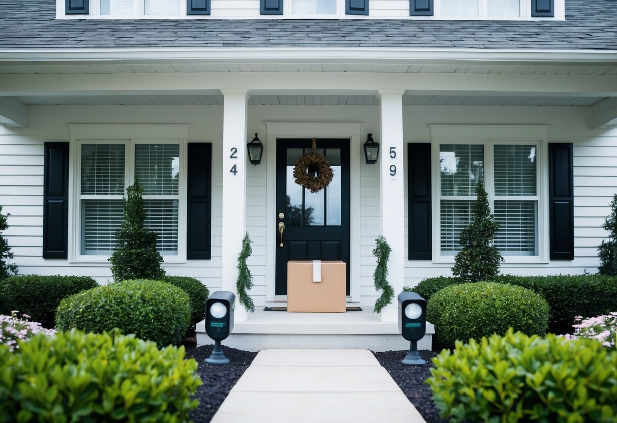 A home with a package on the porch, surrounded by security cameras and motion sensor lights