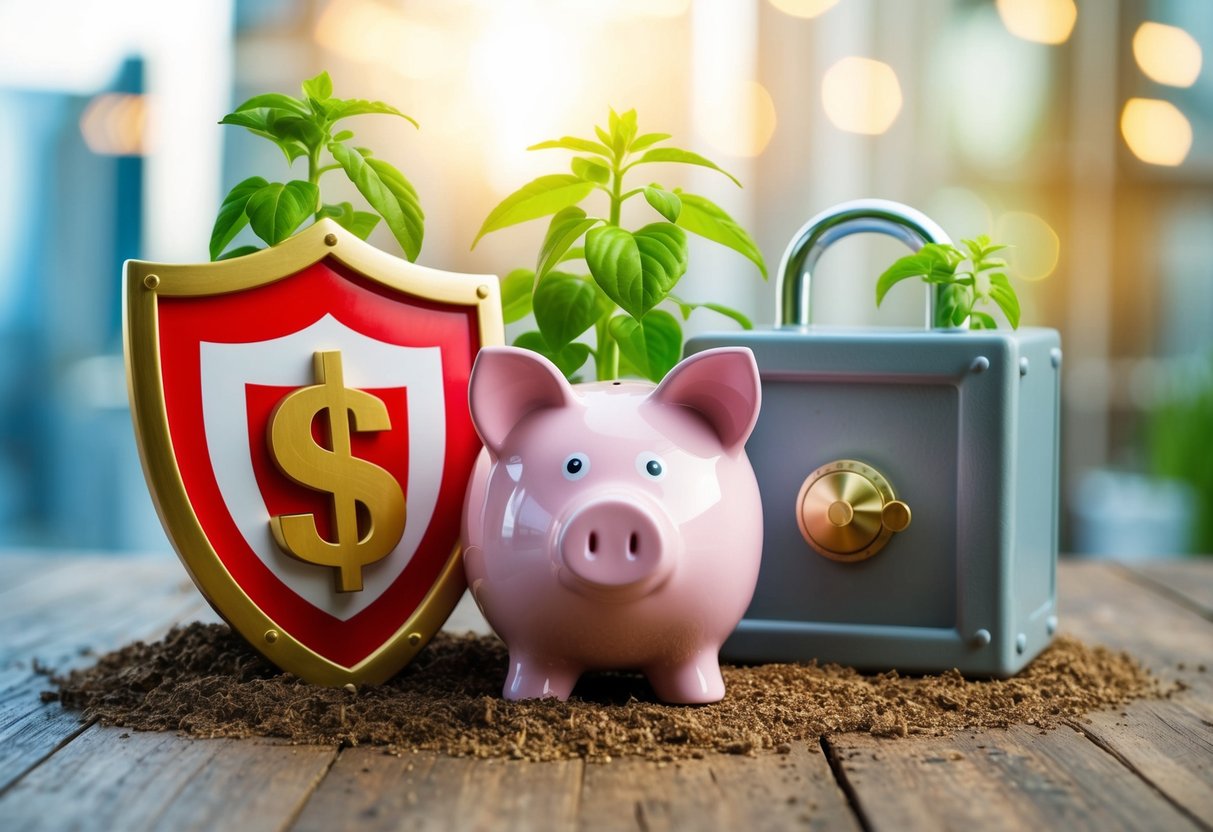 A piggy bank surrounded by a shield, growing plants, and a sturdy safe symbolizing financial resilience and protection of savings