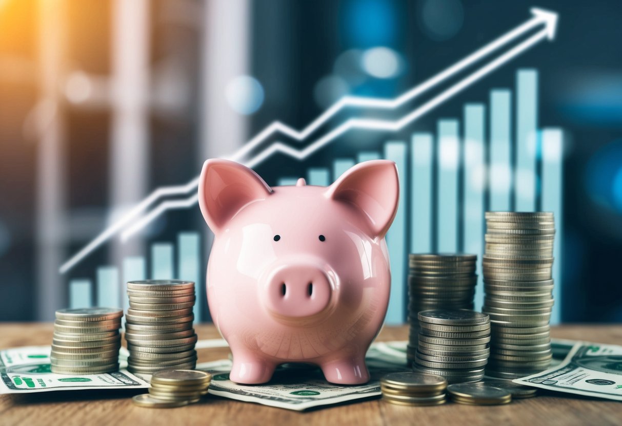A piggy bank surrounded by stacks of coins and dollar bills, with a growth chart showing an upward trend