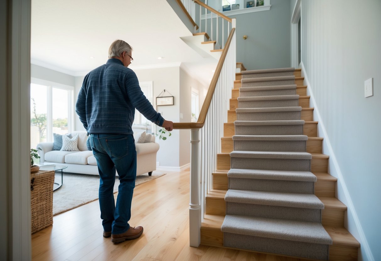 A homeowner carefully navigates around a clutter-free and well-lit staircase, with a sturdy handrail for support. A clear pathway is maintained throughout the home, free from any tripping hazards