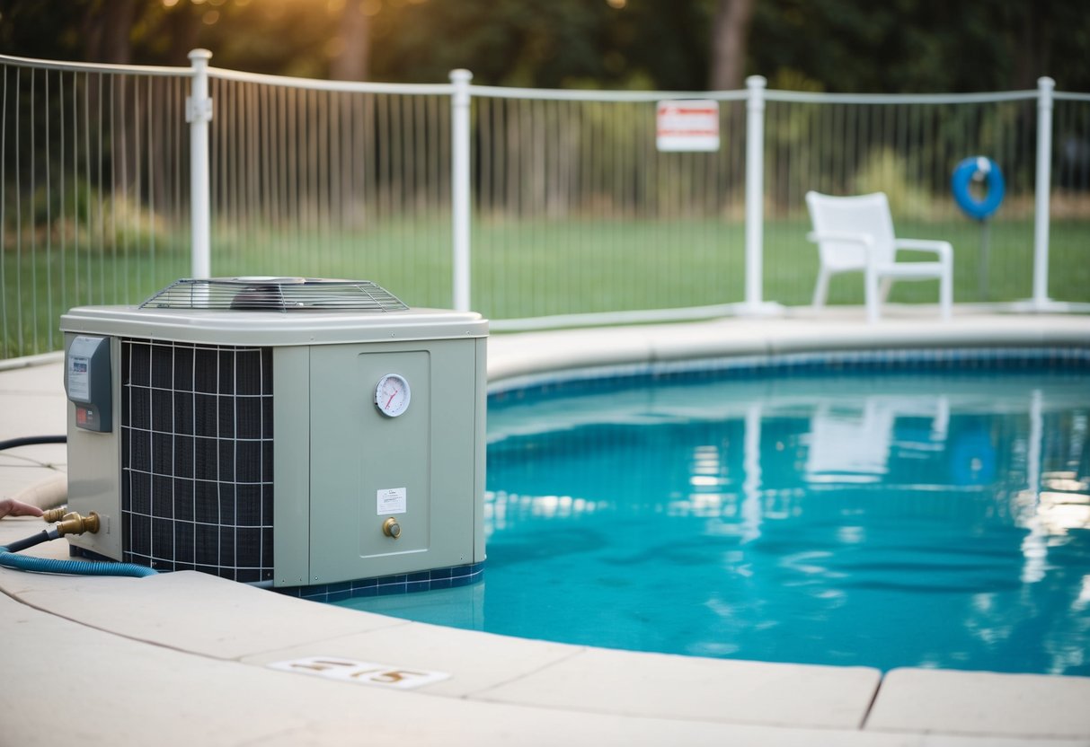 A tranquil pool with a secure fence, safety equipment nearby, and a visible temperature gauge on the water heater