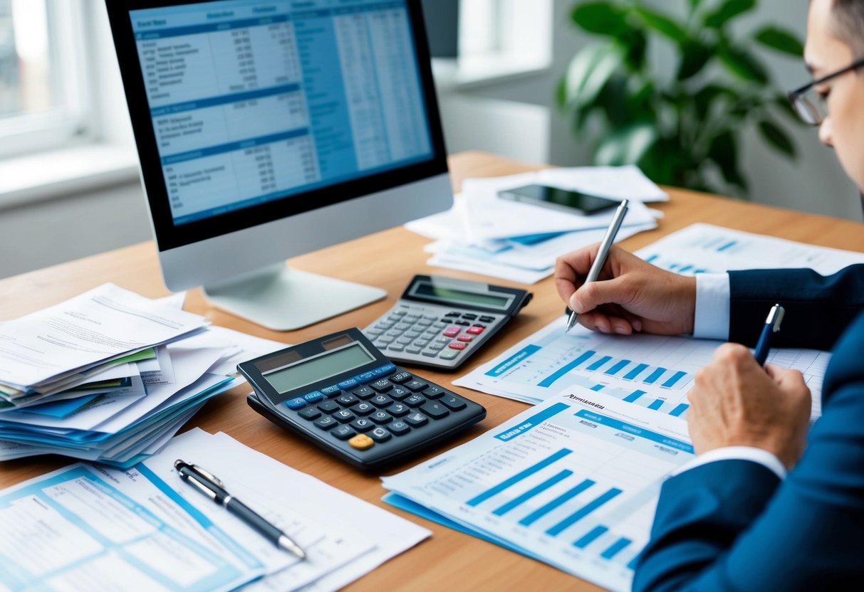 A desk with a computer, calculator, and budget spreadsheet. Various bills and receipts scattered around. A person writing notes and organizing expenses