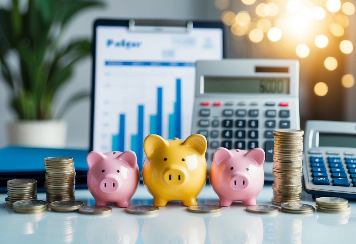 A diverse range of financial assets and piggy banks arranged neatly on a desk, with a budget spreadsheet and calculator in the background