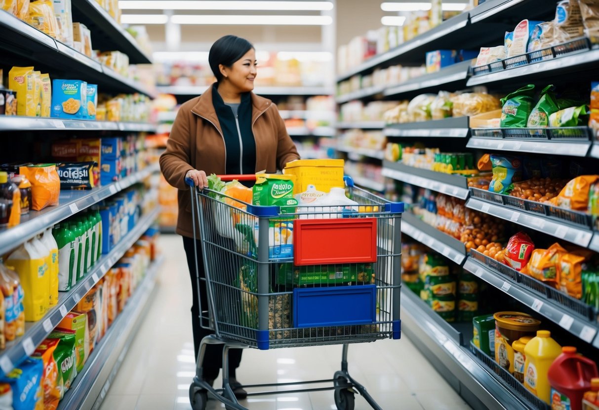 A person with a full shopping cart, selecting large quantities of various grocery items from the shelves in a well-organized and efficient manner
