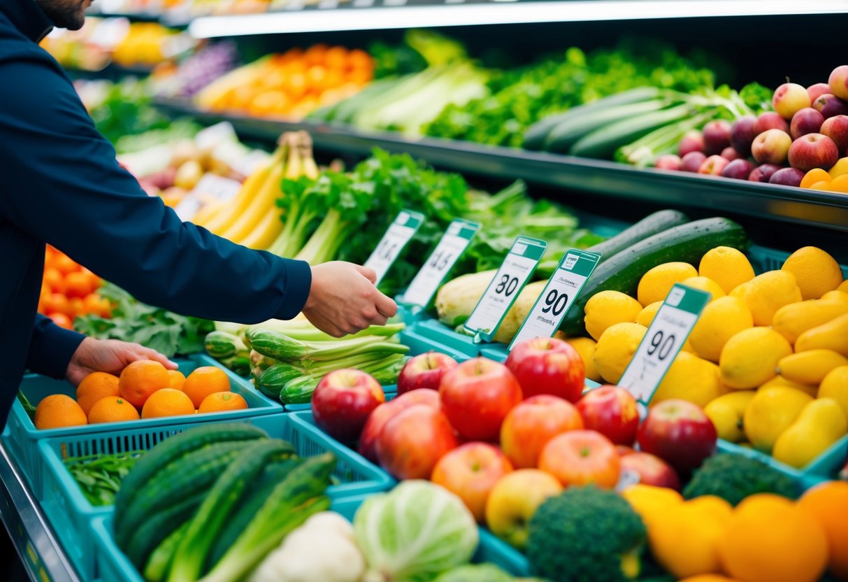 A person selecting a variety of fresh fruits and vegetables from neatly organized bins at a grocery store, with a focus on comparing prices and choosing the best value items