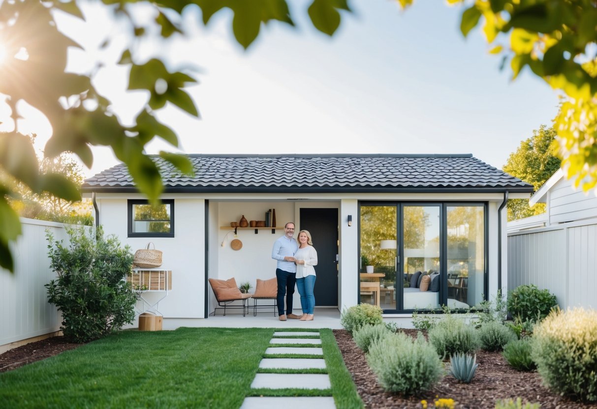 A cozy home with minimalistic decor, efficient storage solutions, and a small, well-maintained garden. A couple happily downsizing and organizing their finances