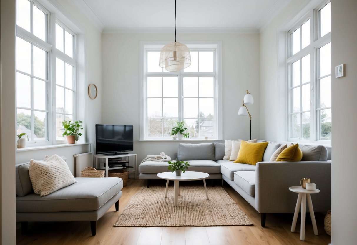A cozy, clutter-free living room with minimalist furniture and decor. Bright natural light streams in through the windows, creating a sense of peace and simplicity
