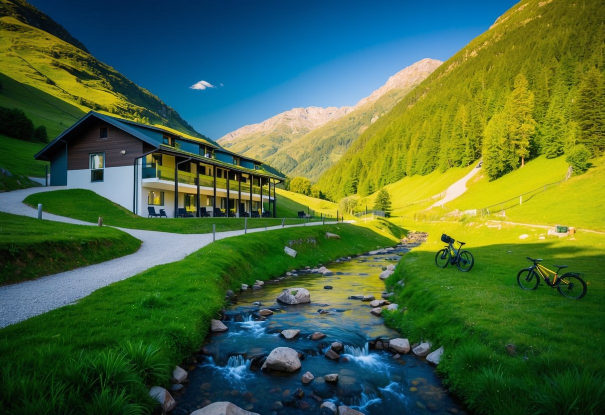 A cozy hostel nestled in a lush, green mountain valley with a clear stream running through it, surrounded by affordable outdoor activities like hiking and biking trails