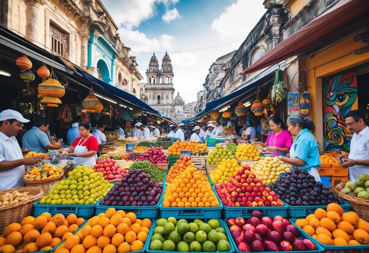 A colorful marketplace in a bustling foreign city, with vendors selling exotic fruits and handmade crafts, surrounded by ancient architecture and vibrant street art